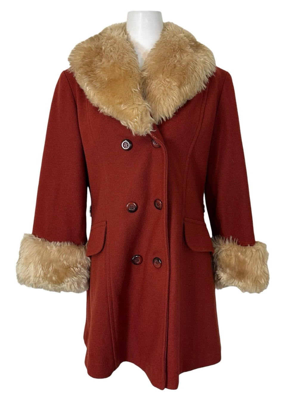 Vintage Sears Fashions Penny Lane Rust Wool Coat Faux Fur Trim Double Breasted